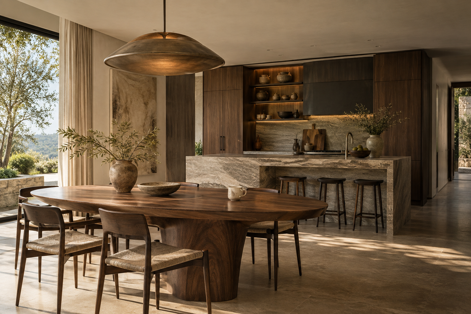 Ambiente social integrado com marcenaria e materiais naturais